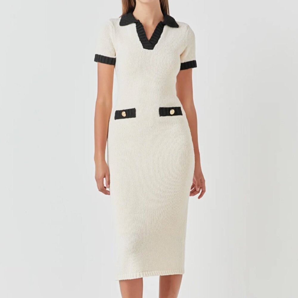 Endless Rose Cream Knit Midi Dress with Black Trim